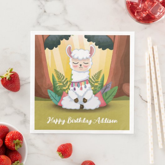 Serviette En Papier Cute Llama Meditating in Magical Forest Anniversai (En situation)
