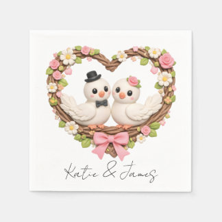 Serviette En Papier Cute Love Birds in Heart-Shaped Floral Wreath