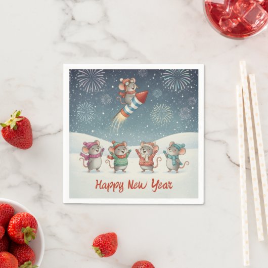 Serviette En Papier Cute Mice Happy New Year Fireworks (En situation)