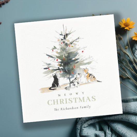 Serviette En Papier Cute Moderne Aquarelle Meowy Arbre de Noël Chats