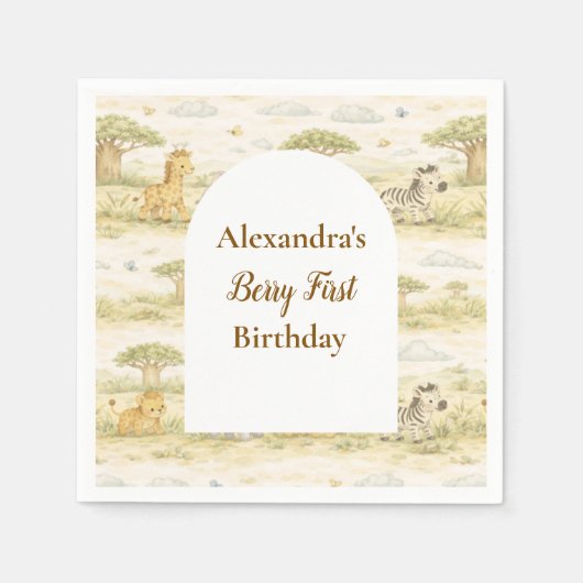 Serviette En Papier Cute Neutral Safari Animals First Birthday (Devant)