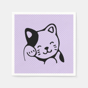 Serviette En Papier Cute noir et blanc Kitty Chat Waving Bonjour