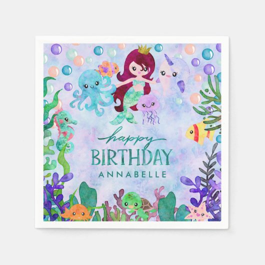 Serviette En Papier Cute Ocean Animals Mermaid Thème Joyeux Anniversai (Devant)