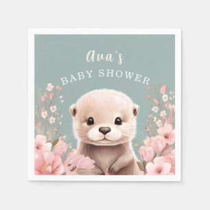 Serviette En Papier Cute Otter Girl Baby shower Sage & Rose Floral