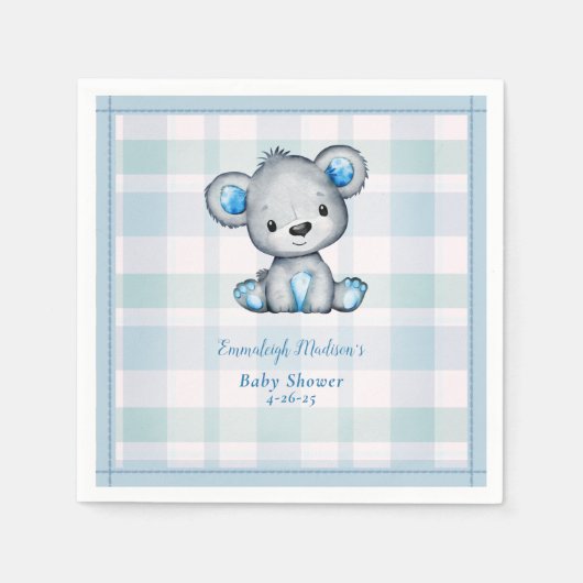 Serviette En Papier Cute ours Garçon Plaid Bleu (Devant)