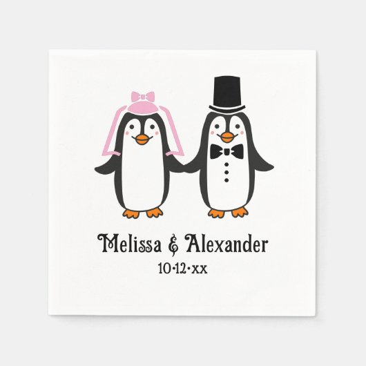 Serviette En Papier Cute Penguins Wedding Couple Names Date #3SmP  (Devant)