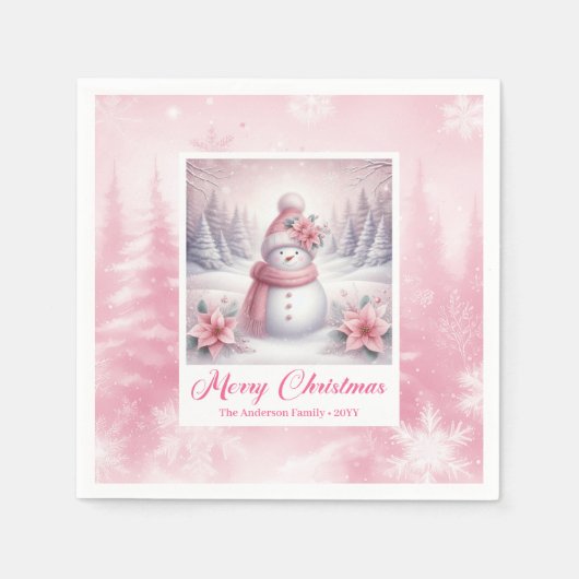 Serviette En Papier Cute Pink Snowman Christmas Napkin Winter Scene (Devant)