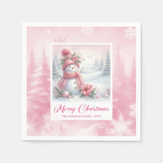 Serviette En Papier Cute Pink Snowman Winter Scene Christmas Napkins (Devant)