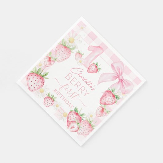 Serviette En Papier Cute Pink Strawberries Berry First 1st Birthday (Coin)