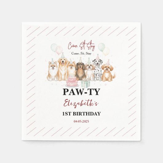 Serviette En Papier Cute Puppy Dog Boy 1st Birthday | Pawty Time First (Devant)