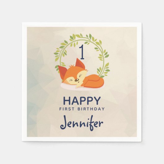 Serviette En Papier Cute Renard Orange avec Verte Feuille Wreath Anniv (Devant)
