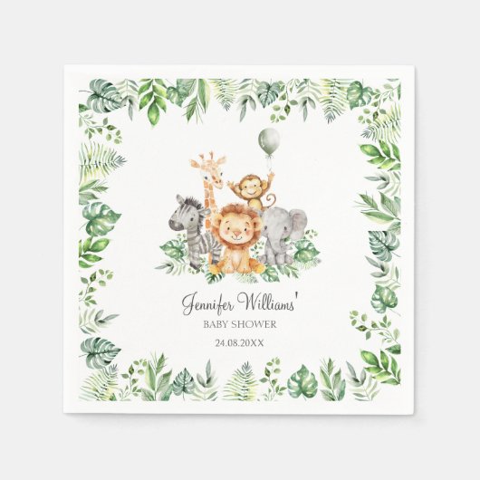 Serviette En Papier Cute Safari Jungle Animaux Baby shower verdoyant (Devant)