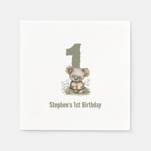 Serviette En Papier Cute Sage Green Koala Ours 1er anniversaire fête (Devant)