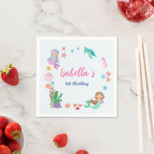 Serviette En Papier Cute Sirène Arc-en-ciel Aquarelle fête d'anniversa