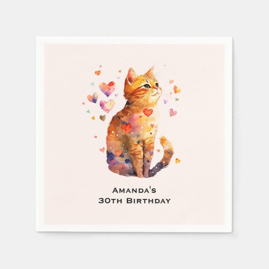 Serviette En Papier Cute Tabby Chat avec Coeurs Anniversaire (Devant)