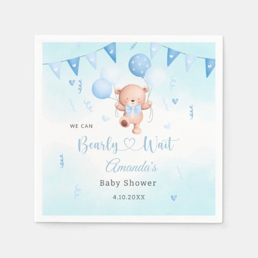 Serviette En Papier Cute Teady Bear Aquarelle Boho Blue Balloons (Devant)