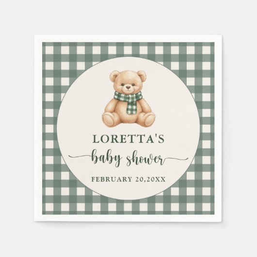 Serviette En Papier Cute Teddy Bear Rustic Green Plaid Baby Shower (Devant)
