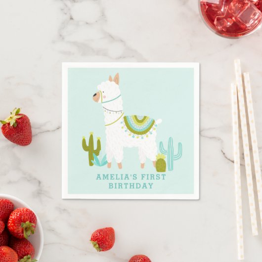 Serviette En Papier Cute Tout Llama Amusants Aqua 1er Anniversaire (En situation)
