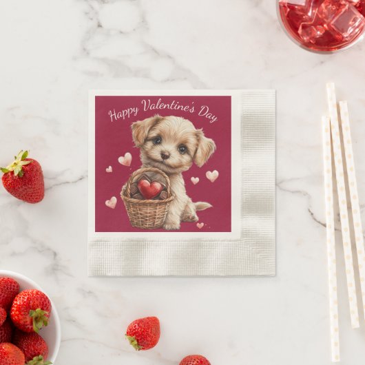 Serviette En Papier Cute Valentine's Day Chiot Coeurs rouges (En situation)