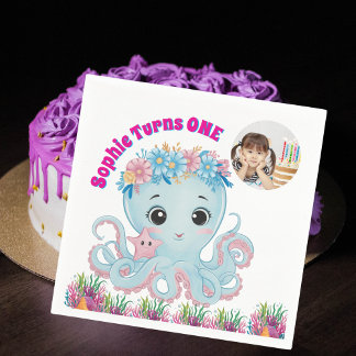 Serviette En Papier Cute Whimsical Floral Octopus Girl Photo Anniversa