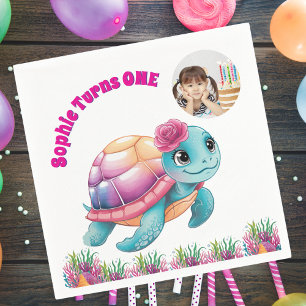 Serviette En Papier Cute Whimsical Floral Tortue photo Anniversaire