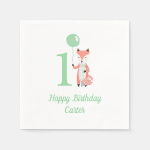 Serviette En Papier Cute Whimsical Fox & Balloon Vert 1er Anniversaire