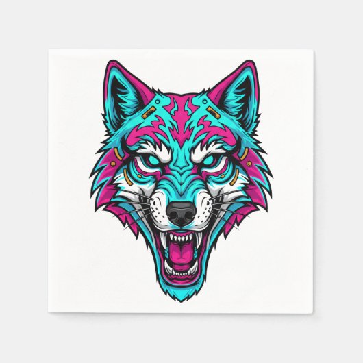 Serviette En Papier Cyberpunk Neon Wolf - Synthwave Robotic Animal (Devant)