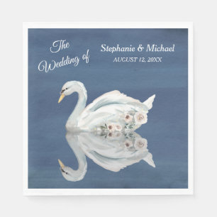 Serviette En Papier Cygne floral blanc sur Mariage bleu