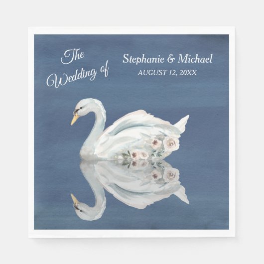 Serviette En Papier Cygne floral blanc sur Mariage bleu (Devant)