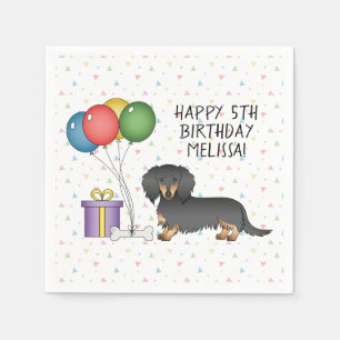 Serviette En Papier Dachshund à poil long noir et feu Joyeux Anniversa