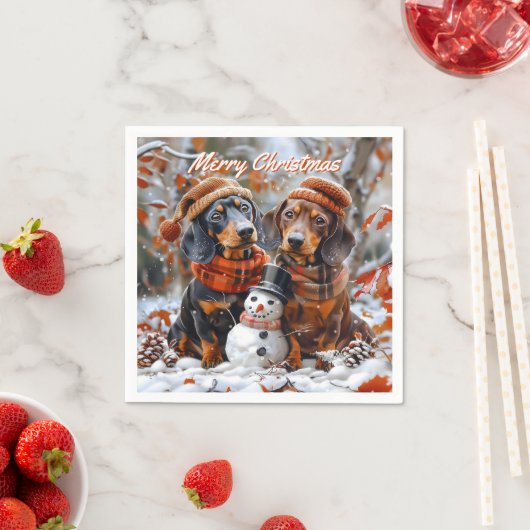 Serviette En Papier Dachshunds with Snowman Christmas (En situation)