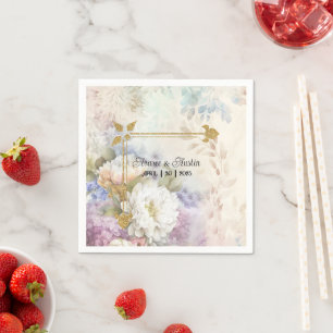 Serviette En Papier Dahlias blancs avec accents violets et bleus