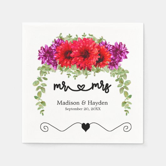 Serviette En Papier Dahlias d'automne et Chrysanthèmes Mariage Napkin (Devant)