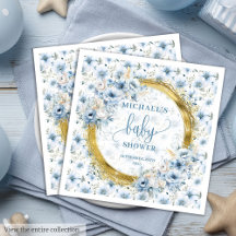 Dainty pastel bleu fleurs or baby shower serviette