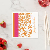 Serviette En Papier Damas florales orange et rose chaud (En situation)