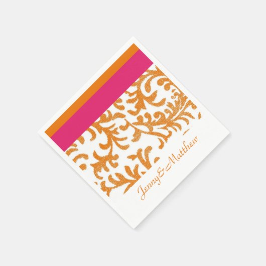 Serviette En Papier Damas florales orange et rose chaud (Coin)