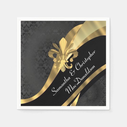 Serviette En Papier Damas noires et fleur de lys or (Devant)