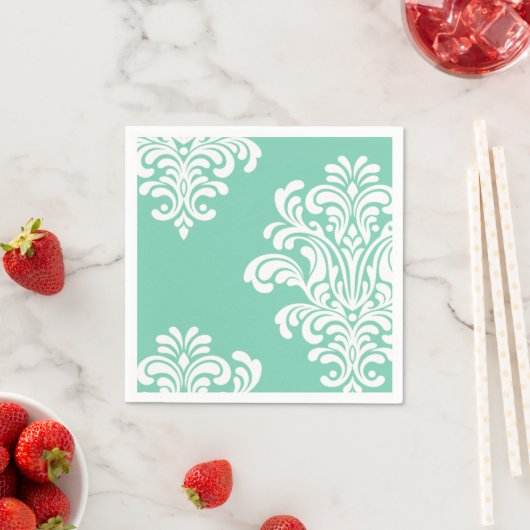Serviette En Papier Damask blanc sur Aqua Motif (En situation)