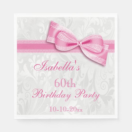 Serviette En Papier Damask & Faux Bow Girls 60e anniversaire (Devant)