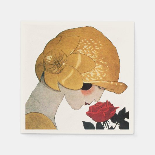 SERVIETTE EN PAPIER DAME AVEC ROSE ROUGE (Devant)