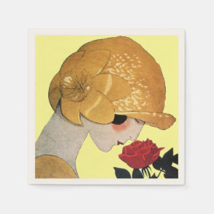 Serviette En Papier DAME AVEC ROSE ROUGE, Jaune