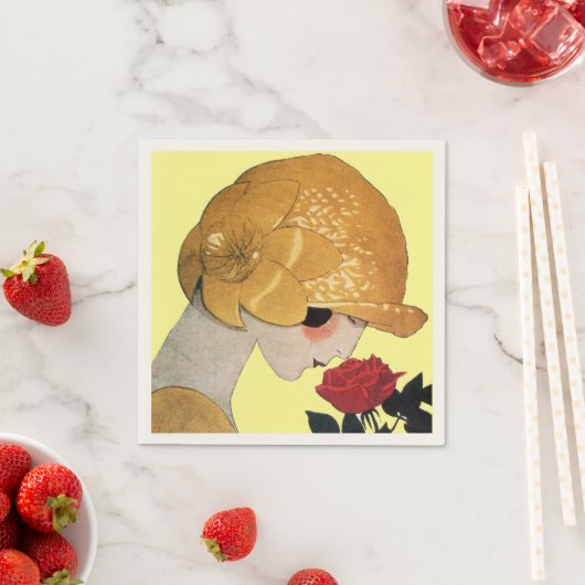 Serviette En Papier DAME AVEC ROSE ROUGE, Jaune (En situation)