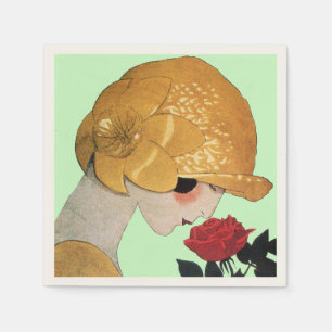Serviette En Papier DAME AVEC ROSE ROUGE, Vert