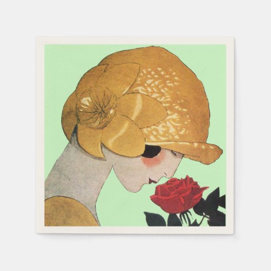 Serviette En Papier DAME AVEC ROSE ROUGE, Vert (Devant)