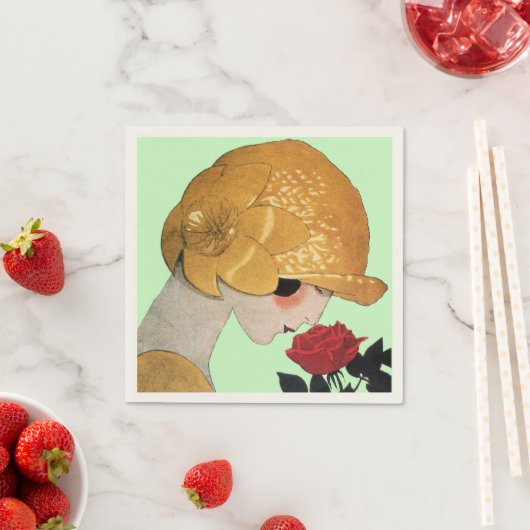 Serviette En Papier DAME AVEC ROSE ROUGE, Vert (En situation)