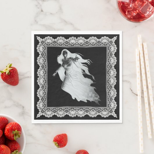 Serviette En Papier Dame En Fantôme Blanc Avec Dentelle Halloween (En situation)