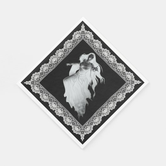 Serviette En Papier Dame En Fantôme Blanc Avec Dentelle Halloween (Coin)