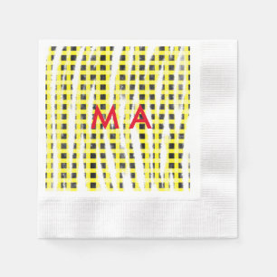 Serviette En Papier damier jaune noir ajouter un nom monogramme nom la