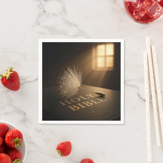 Serviette En Papier Dandelion Seedling with Water Droplets on a Bible (En situation)