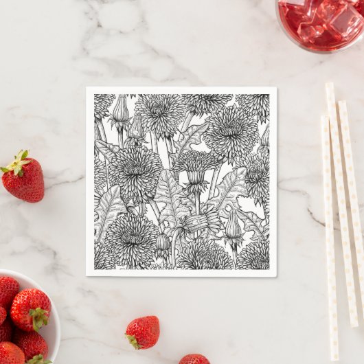 Serviette En Papier Dandelions, noir et blanc (En situation)